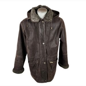 Nickelson Leather Zip Front Hooded  Chore Coat Faux Shearling Brown Size Large